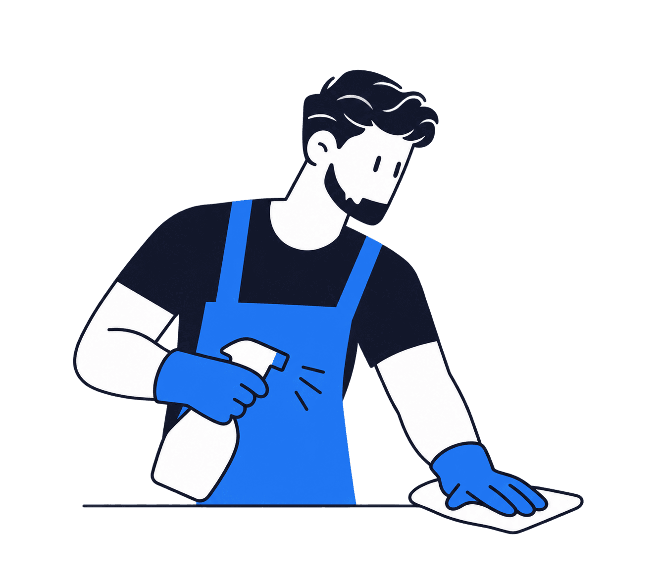 Illustration af en rengøringsassistent, der tørrer et bord af