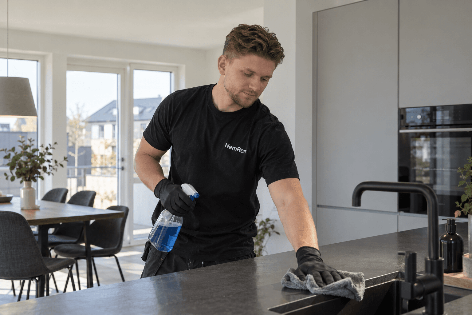 Rengøringsassistent i NemRen-T-shirt tørrer køkkenbordet af i et lyst køkken